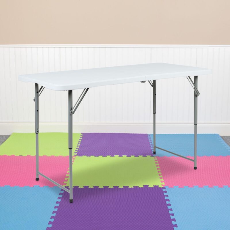 Emma and Oliver 4-Foot Height Adjustable Bi-Fold Granite White Plastic Folding Tables - Image 2