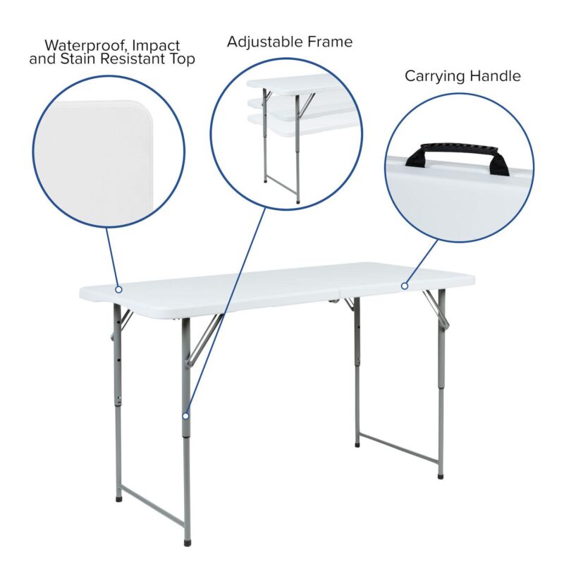 Emma and Oliver 4-Foot Height Adjustable Bi-Fold Granite White Plastic Folding Tables - Image 3