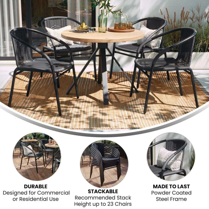 Emma and Oliver 4 Pack Rattan Indoor-Outdoor Restaurant Stack Chair with Curved Back - Image 3
