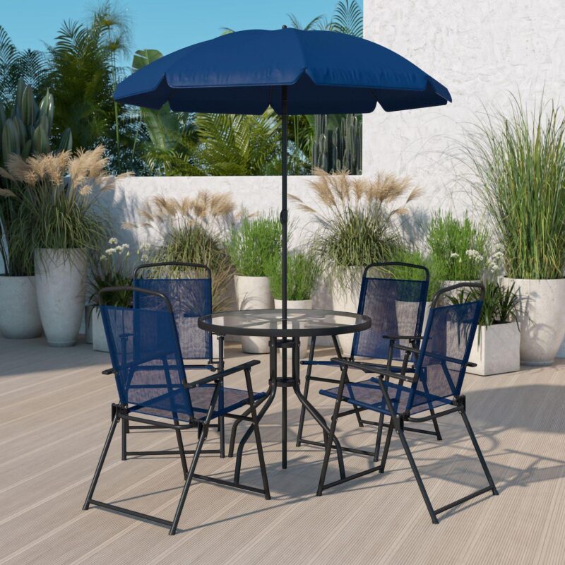 Emma and Oliver 6 Piece Navy Patio Garden Set with Table, Umbrella and 4 Folding Chairs - Image 2