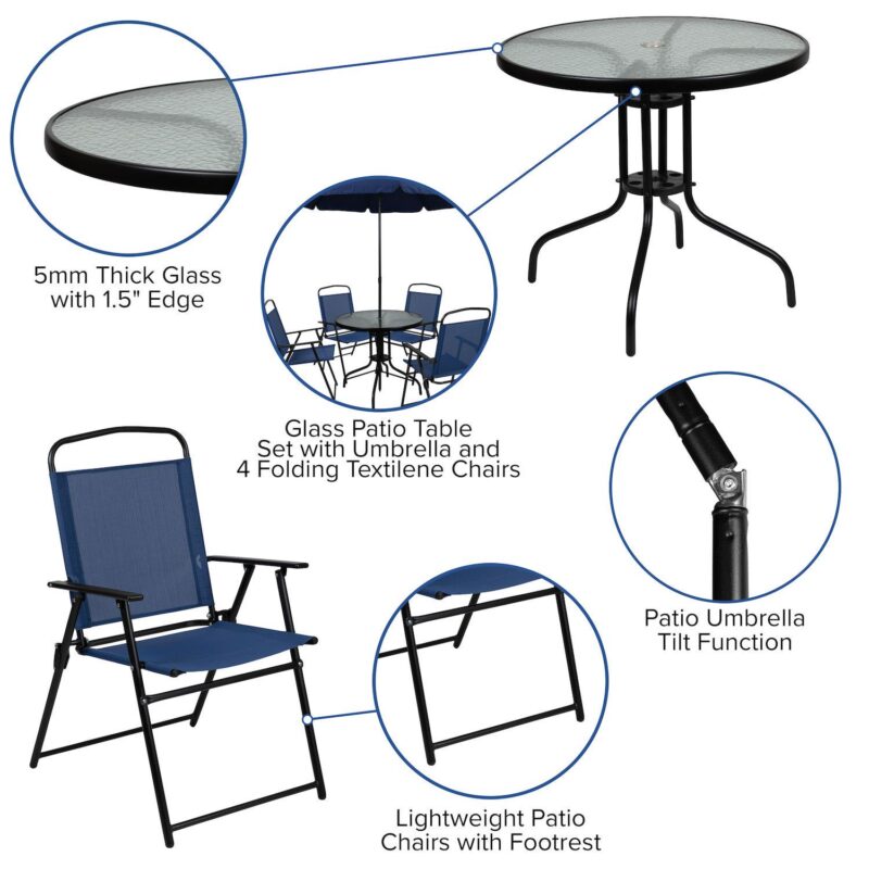 Emma and Oliver 6 Piece Navy Patio Garden Set with Table, Umbrella and 4 Folding Chairs - Image 3
