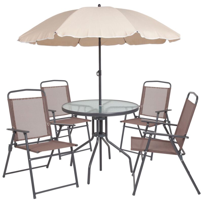 Emma and Oliver 6 Piece Navy Patio Garden Set with Table, Umbrella and 4 Folding Chairs - Image 7