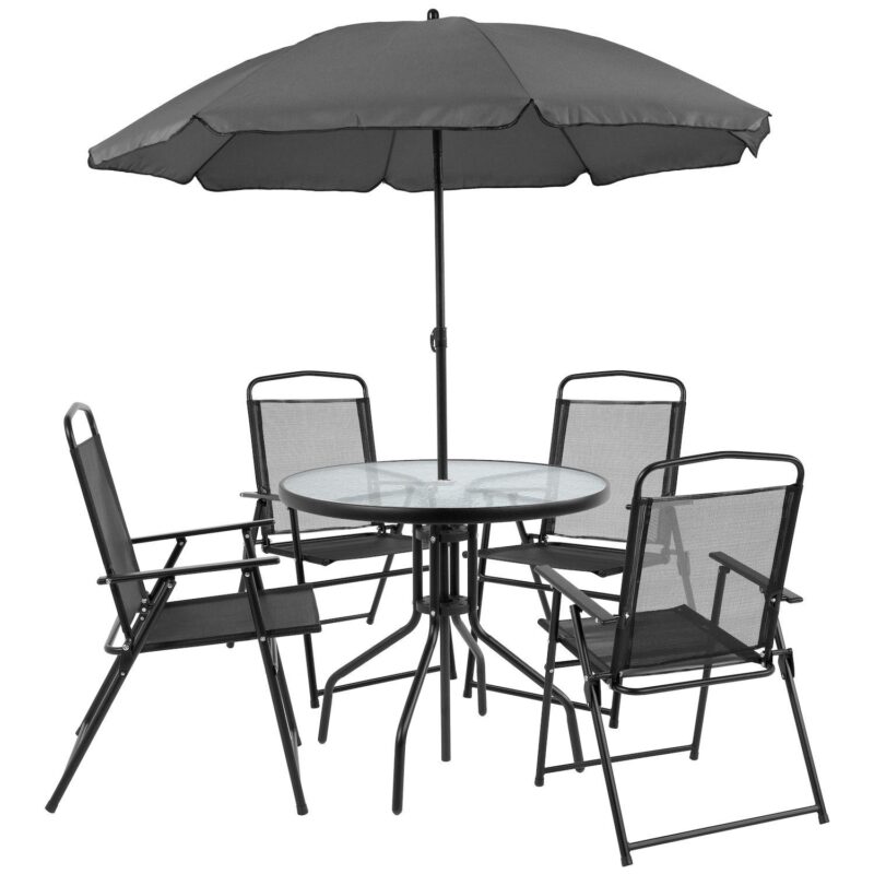 Emma and Oliver 6 Piece Navy Patio Garden Set with Table, Umbrella and 4 Folding Chairs - Image 8
