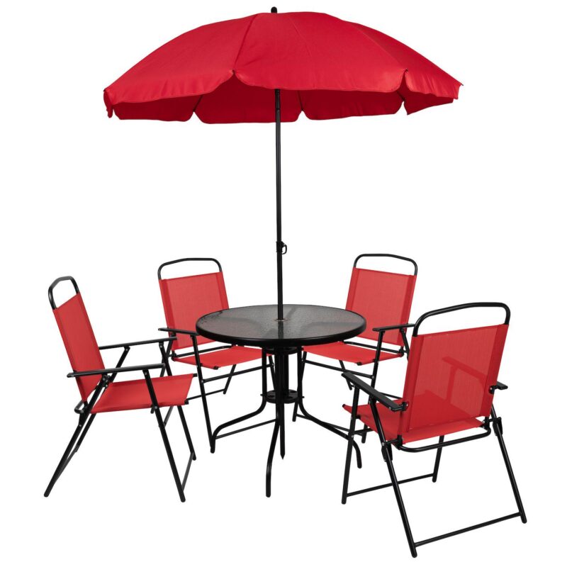 Emma and Oliver 6 Piece Navy Patio Garden Set with Table, Umbrella and 4 Folding Chairs - Image 6