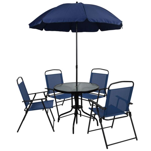 Emma and Oliver 6 Piece Navy Patio Garden Set with Table, Umbrella and 4 Folding Chairs