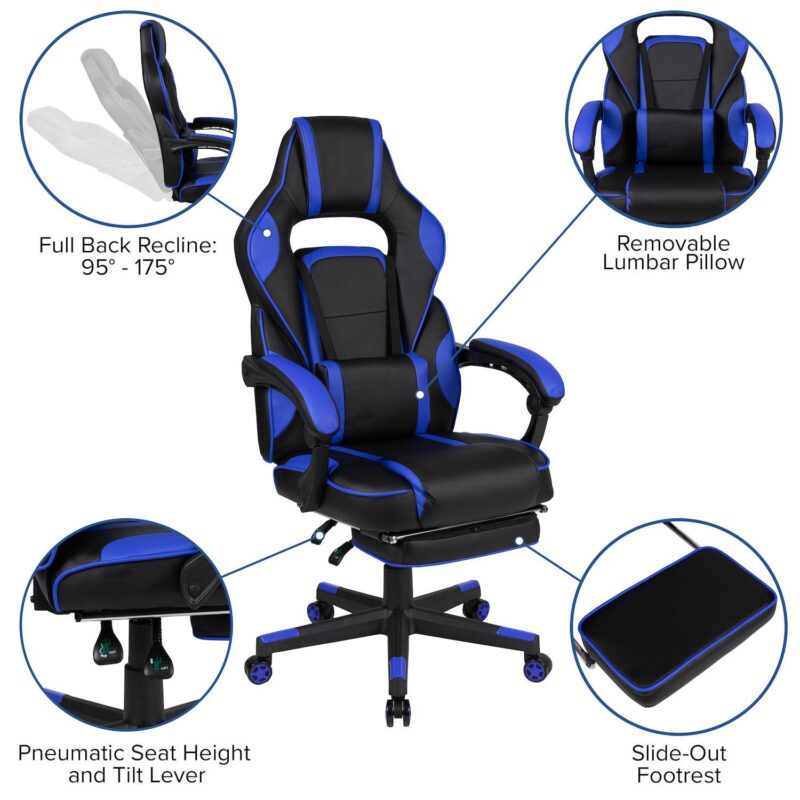 Emma and Oliver Black Ergonomic Gaming Chair -Recline Back/Arms, Footrest, Massaging Lumbar - Image 4
