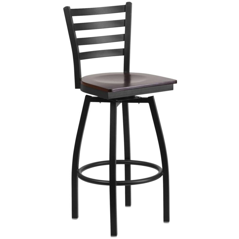 Emma and Oliver Black Metal Ladder Back Swivel Barstool, Cherry Wood Seat - Image 9