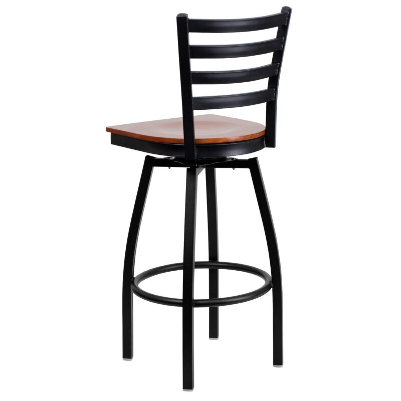 Emma and Oliver Black Metal Ladder Back Swivel Barstool, Cherry Wood Seat - Image 5