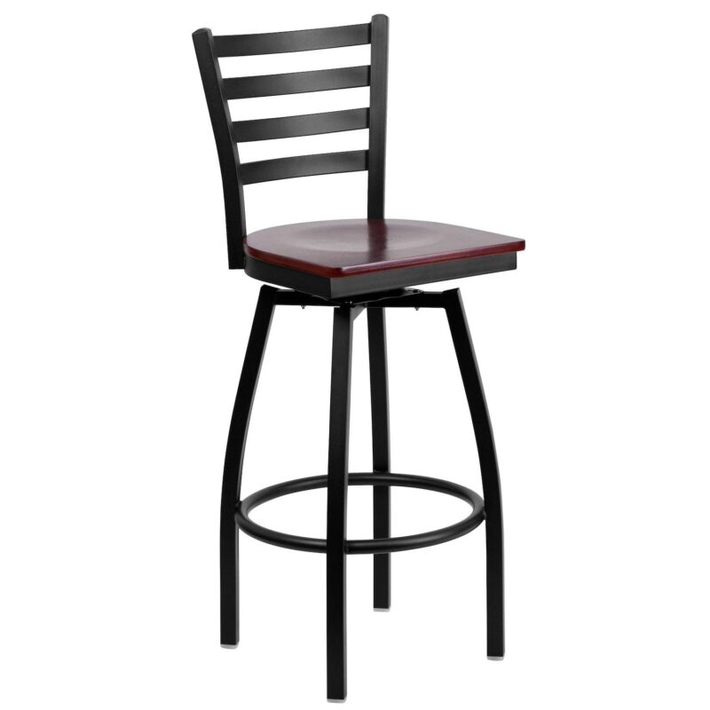 Emma and Oliver Black Metal Ladder Back Swivel Barstool, Cherry Wood Seat - Image 7