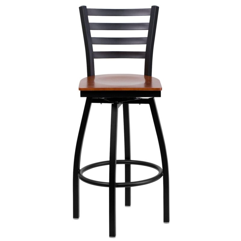Emma and Oliver Black Metal Ladder Back Swivel Barstool, Cherry Wood Seat - Image 4
