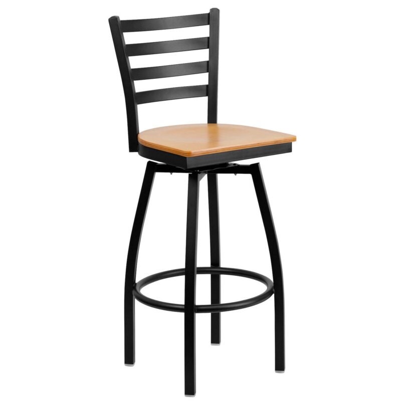 Emma and Oliver Black Metal Ladder Back Swivel Barstool, Cherry Wood Seat - Image 6