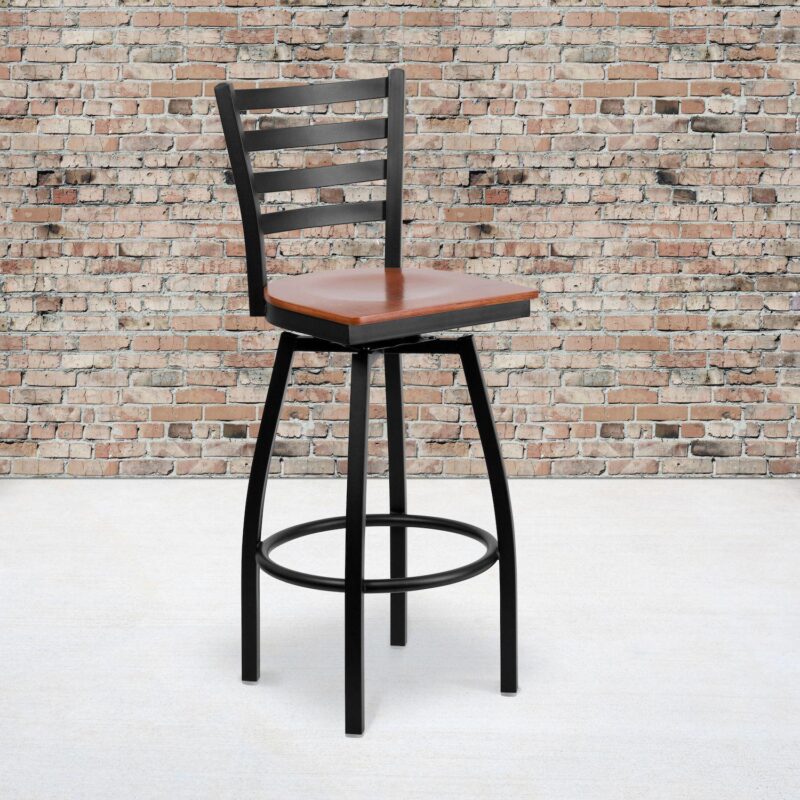 Emma and Oliver Black Metal Ladder Back Swivel Barstool, Cherry Wood Seat - Image 2