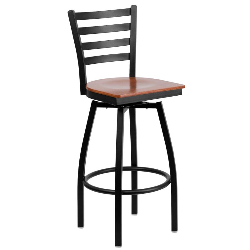 Emma and Oliver Black Metal Ladder Back Swivel Barstool, Cherry Wood Seat - Image 10