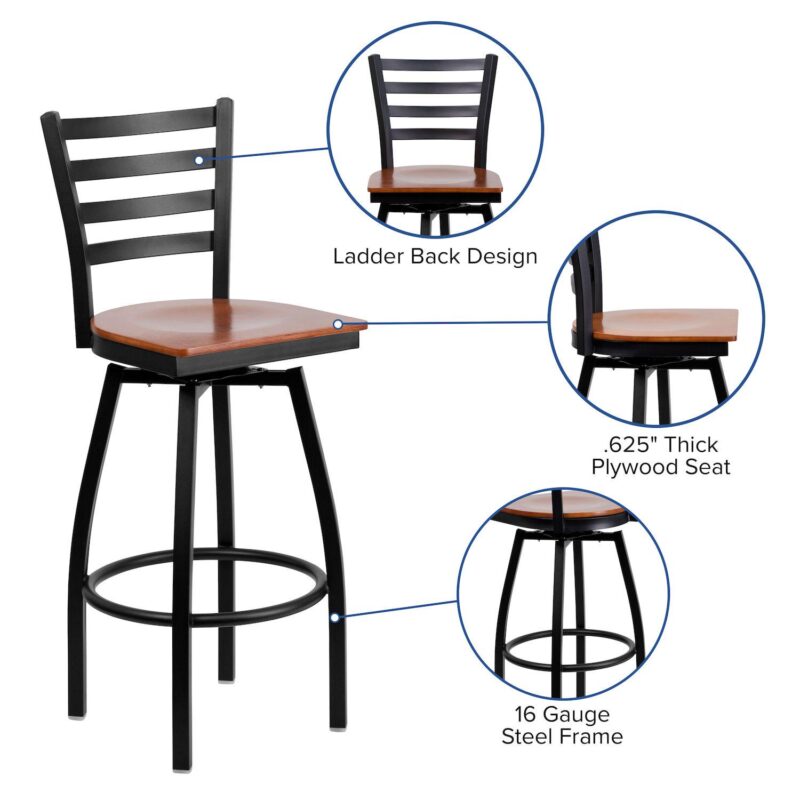Emma and Oliver Black Metal Ladder Back Swivel Barstool, Cherry Wood Seat - Image 3