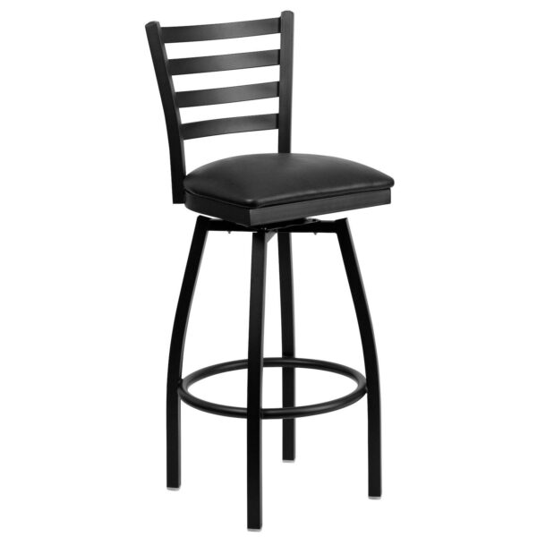 Emma and Oliver Black Metal Ladder Back Swivel Barstool, Cherry Wood Seat