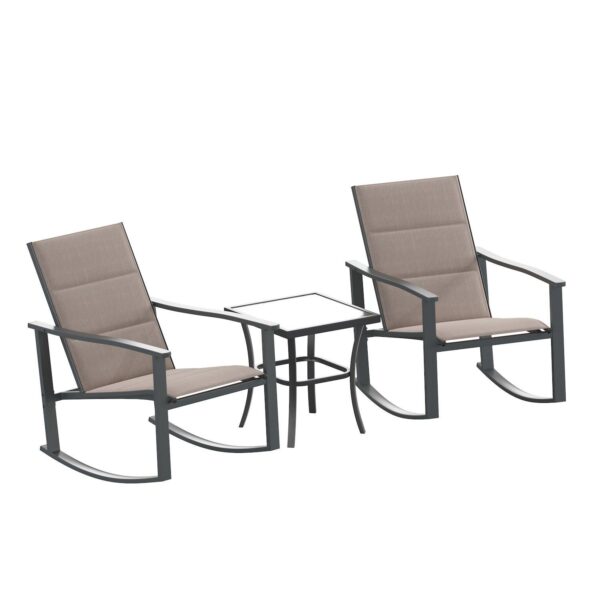 Emma and Oliver Braelin 3 Piece Outdoor Rocking Chair Patio Set with Flex Comfort Material and Metal Framed Glass Top Table