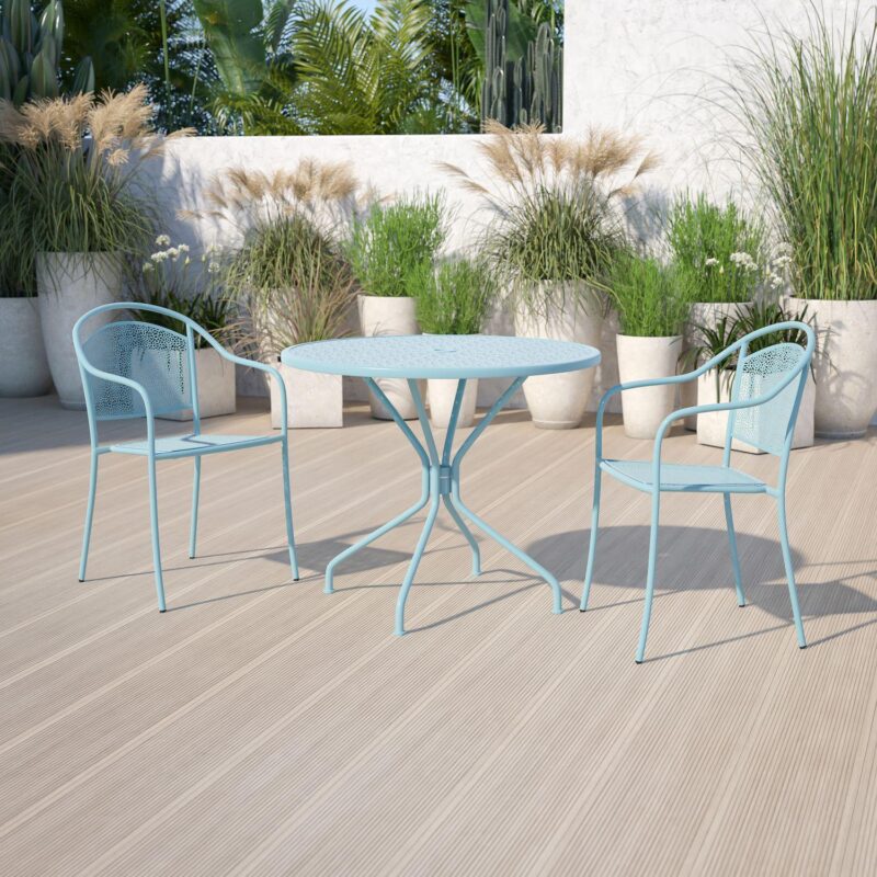 Emma and Oliver Commercial Grade 35.25  RD Indoor-Outdoor Steel Patio Table - Umbrella Hole - Image 2