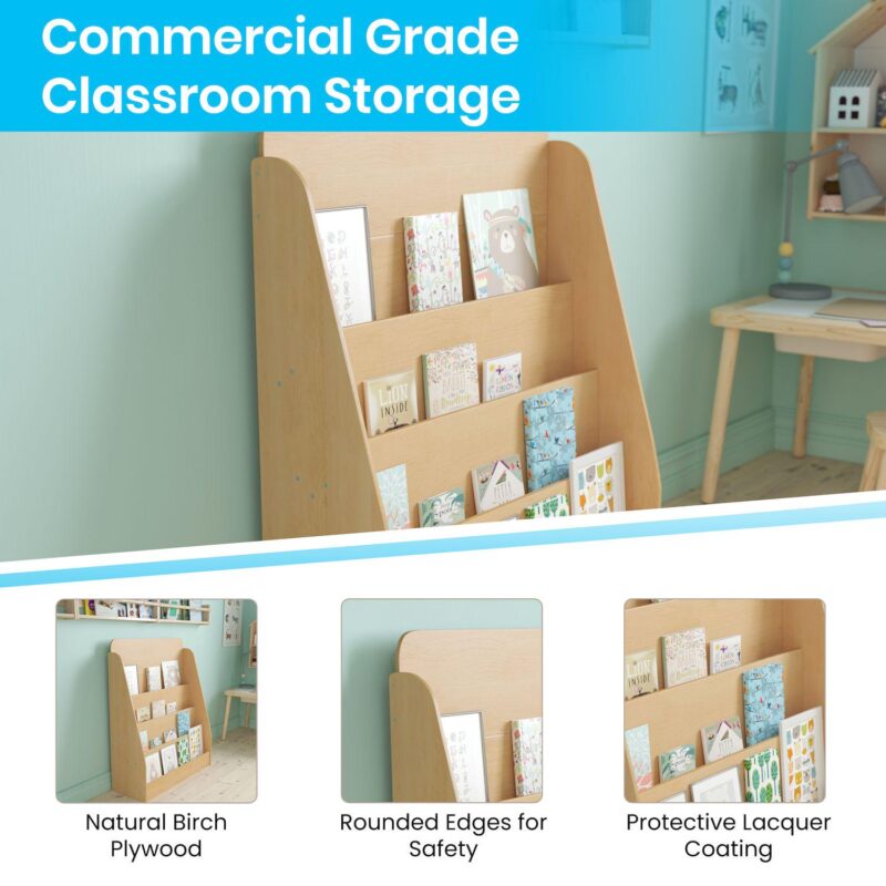 Emma and Oliver Kid's Wood Book Storage Shelf with 4 Storage Slats and Child-Friendly Curved Edges - Image 4