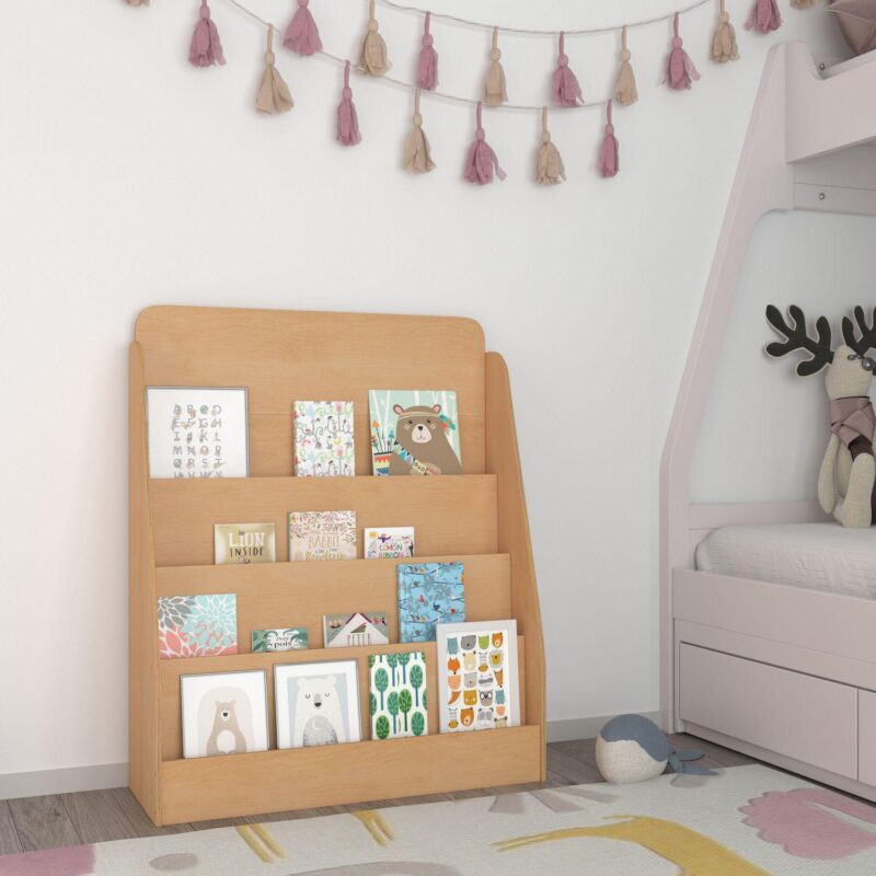 Emma and Oliver Kid's Wood Book Storage Shelf with 4 Storage Slats and Child-Friendly Curved Edges - Image 2