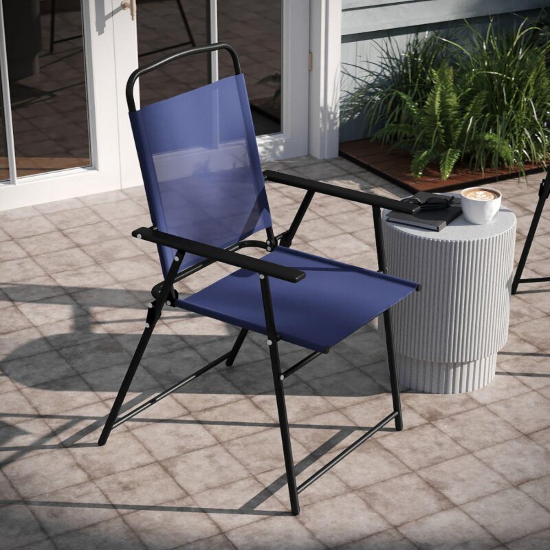 Emma and Oliver Munroe Set of 2 Textilene Folding Sling Style Patio Chairs with Armrests - Image 3