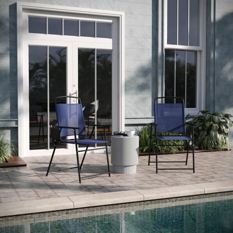 Emma and Oliver Munroe Set of 2 Textilene Folding Sling Style Patio Chairs with Armrests - Image 2