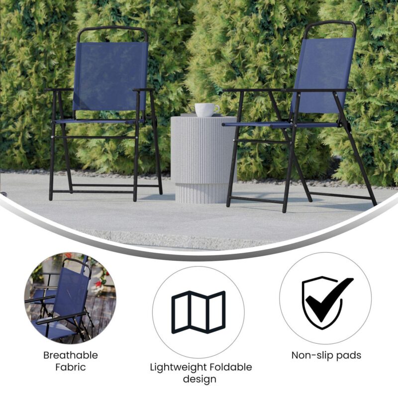 Emma and Oliver Munroe Set of 2 Textilene Folding Sling Style Patio Chairs with Armrests - Image 4
