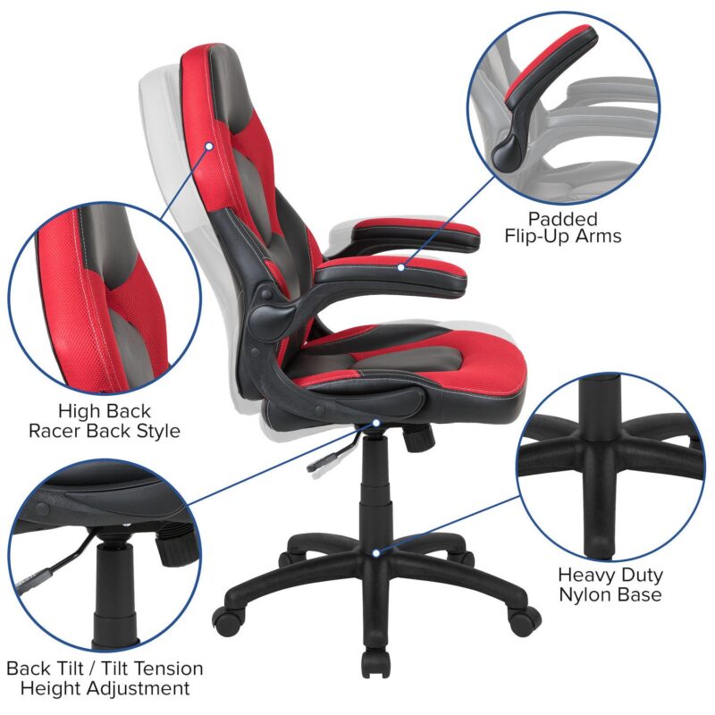 Emma and Oliver Z100 Gaming Racing PC Chair with Flip-up Arms, Red/Black LeatherSoft - Image 3