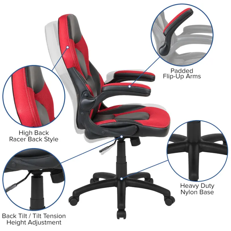 Emma and Oliver Z100 Gaming Racing PC Chair with Flip-up Arms, Red/Black LeatherSoft - Image 3
