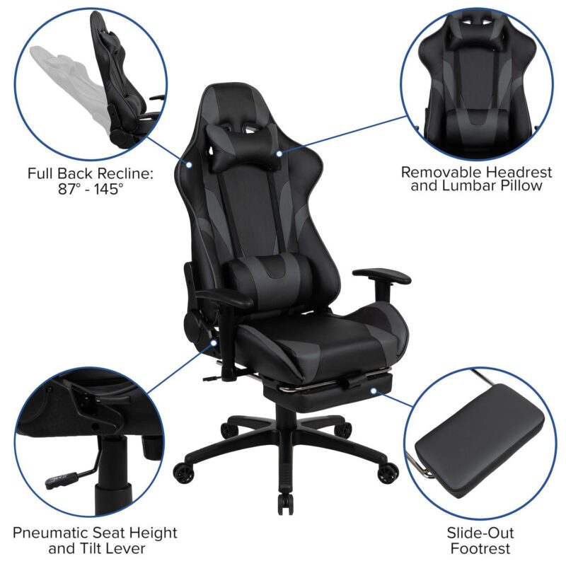 Emma and Oliver Z300 Gaming Chair Racing Office Ergonomic Computer Chair with Fully Reclining Back and Slide-Out Footrest in Blue LeatherSoft - Image 3