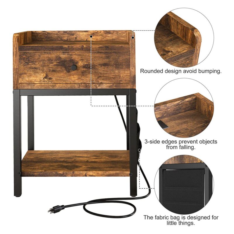 Fabato End Table And Nightstand With Charging Station And Drawer, Rustic Brown - Image 2