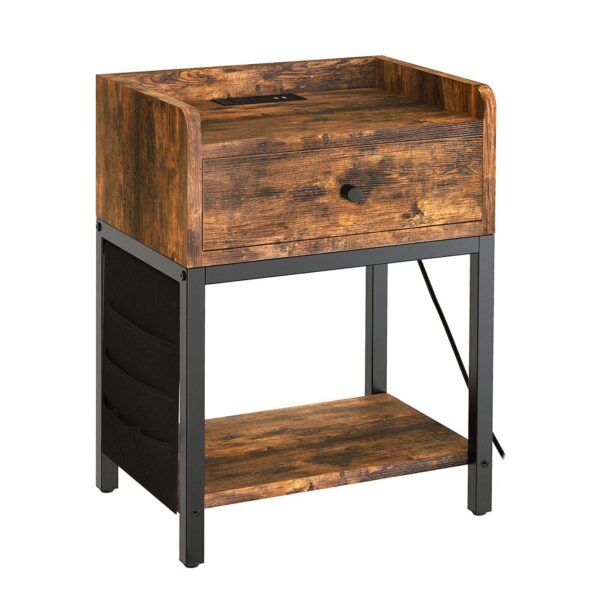 Fabato End Table And Nightstand With Charging Station And Drawer, Rustic Brown