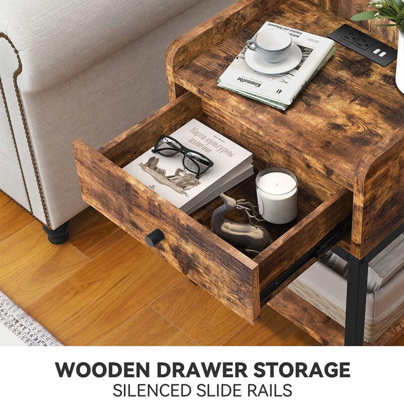 Fabato End Table And Nightstand With Charging Station And Drawer, Rustic Brown - Image 5