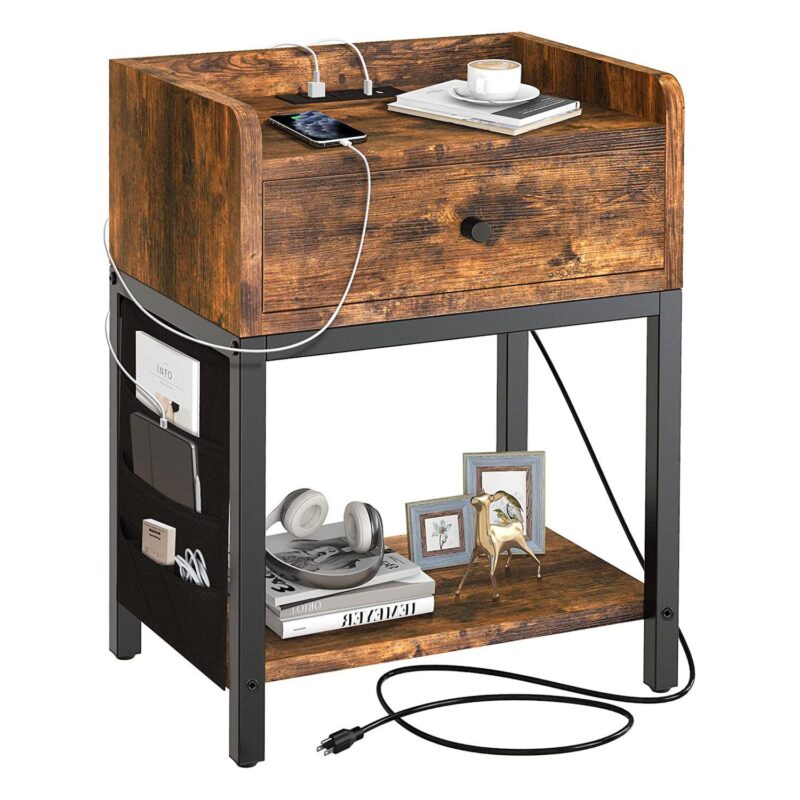 Fabato End Table And Nightstand With Charging Station And Drawer, Rustic Brown - Image 3