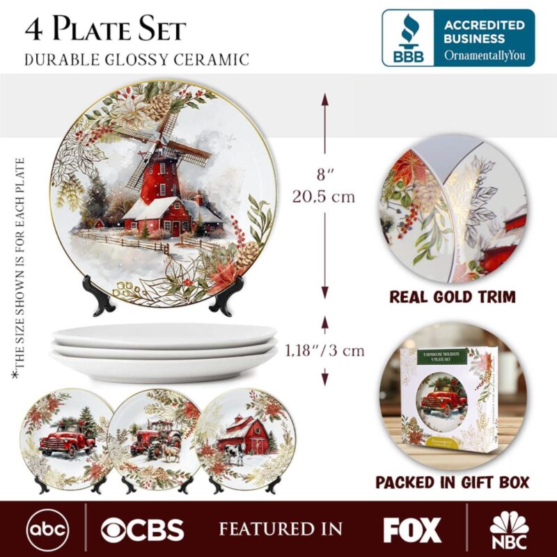 Farmhouse Christmas Set of 4 Plates with Real Gold, Tableware for Salad, Dessert, and Appetizer - Image 2