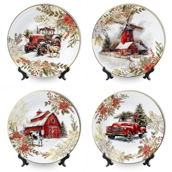 Farmhouse Christmas Set of 4 Plates with Real Gold, Tableware for Salad, Dessert, and Appetizer