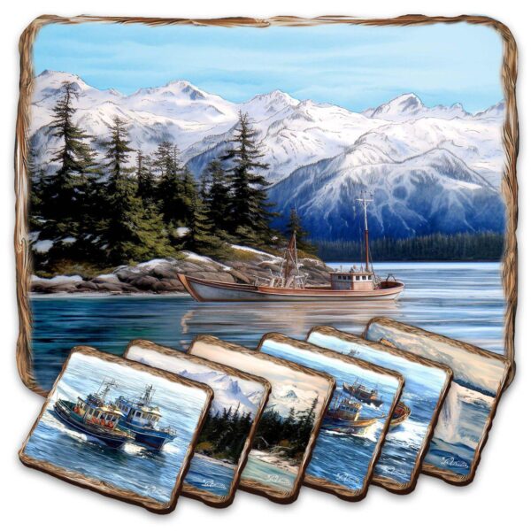 Fishing Boats Wooden Cork Placemat And Coasters Gift Set Of 7