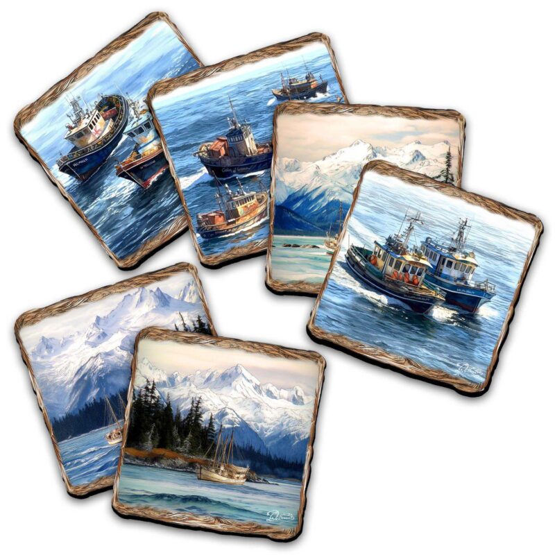 Fishing Boats Wooden Cork Placemat And Coasters Gift Set Of 7 - Image 3