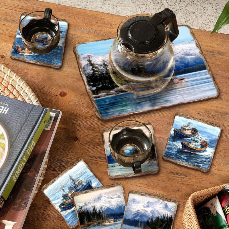 Fishing Boats Wooden Cork Placemat And Coasters Gift Set Of 7 - Image 2