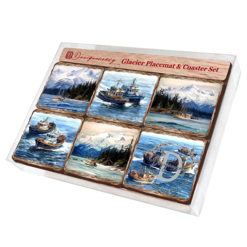 Fishing Boats Wooden Cork Placemat And Coasters Gift Set Of 7 - Image 5