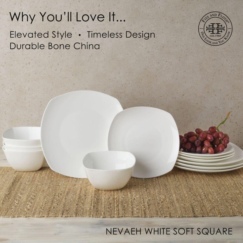 Fitz and Floyd 12-Piece Nevaeh White Soft Square Dinnerware Set - Image 2