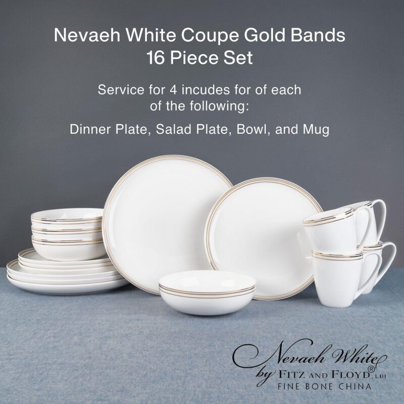 Fitz and Floyd 16-Piece Nevaeh White Coupe Gold Bands Dinnerware Set - Image 9