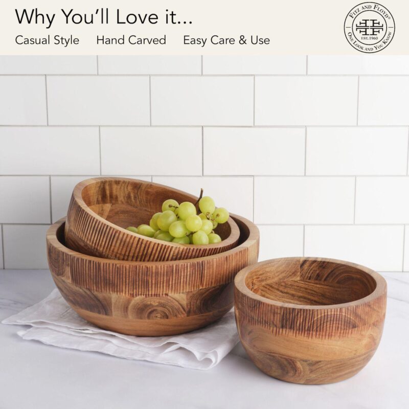 Fitz and Floyd Caleb Natural Acacia Wood Serve Bowls, Set of 3 - Image 3