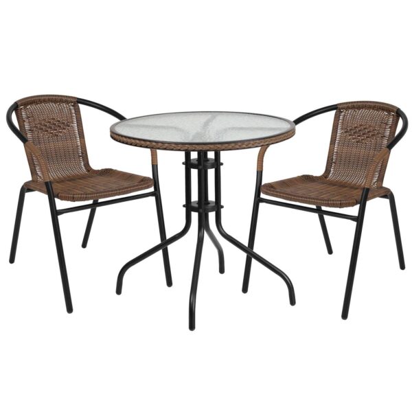 Flash Furniture Patio Round Table and Rattan Stacking Chair 3-piece Set