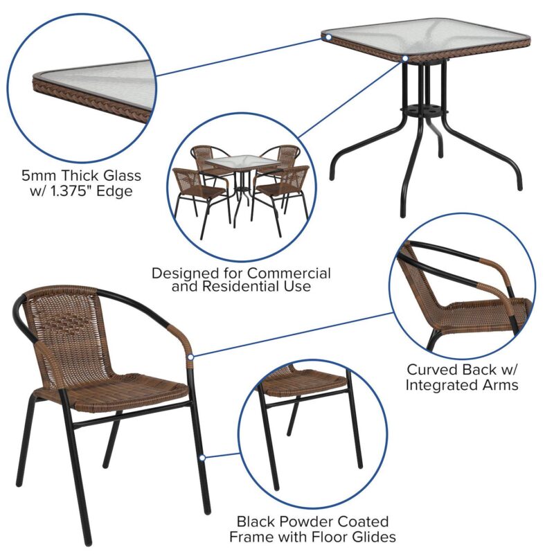 Flash Furniture Rattan Square Patio Table and Chair 5-piece Set - Image 2