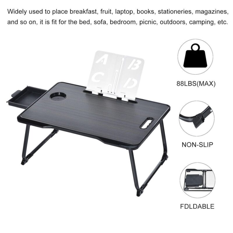 Foldable Laptop Bed Desk with Storage Drawer Reading Holder Water Slot - Image 2