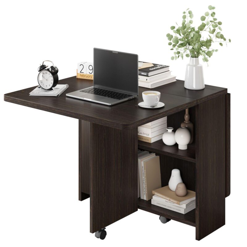 Folding Dining Table with Drop Leaf and 2 Storage Racks - Image 2