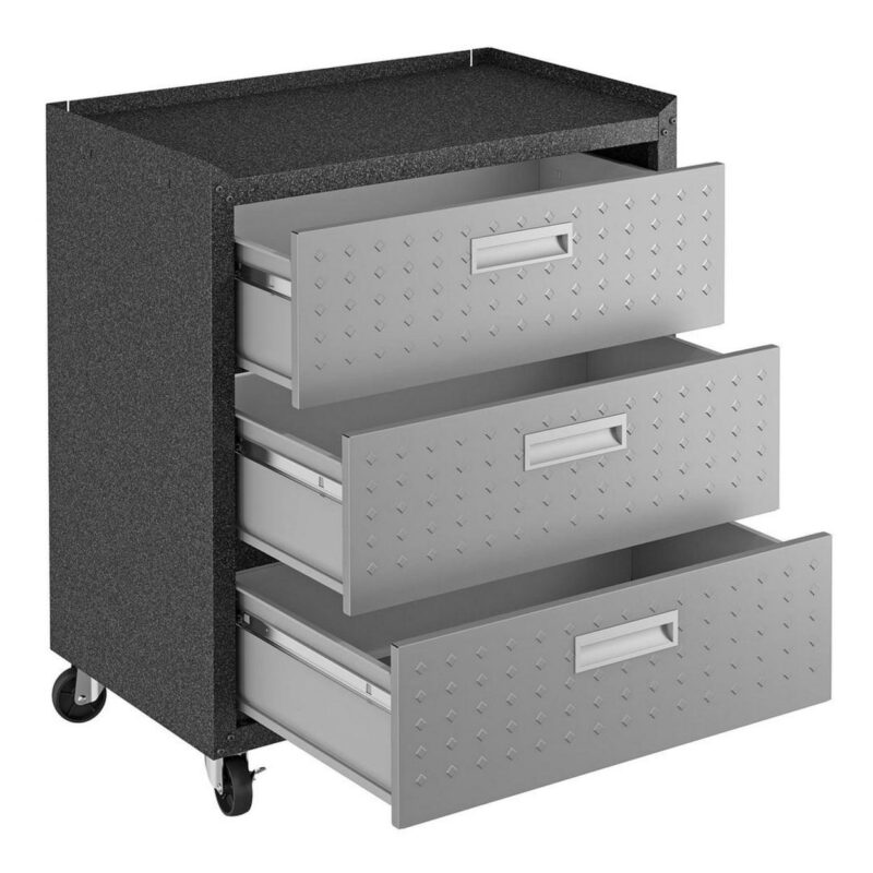 Fortress Textured Metal 31.5  Garage Mobile Chest with 3 Full Extension Drawers in Grey - Image 3