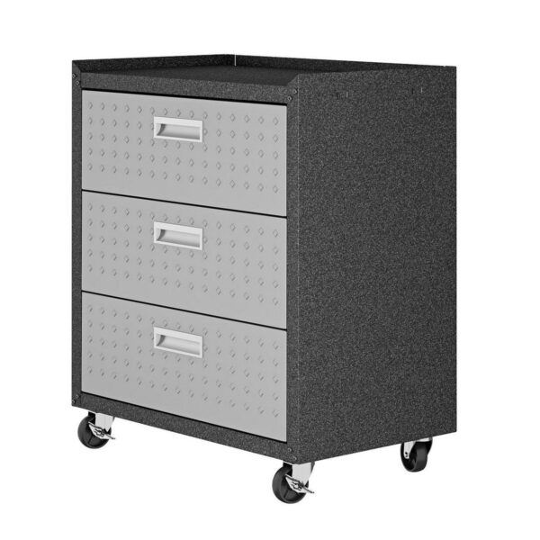 Fortress Textured Metal 31.5  Garage Mobile Chest with 3 Full Extension Drawers in Grey