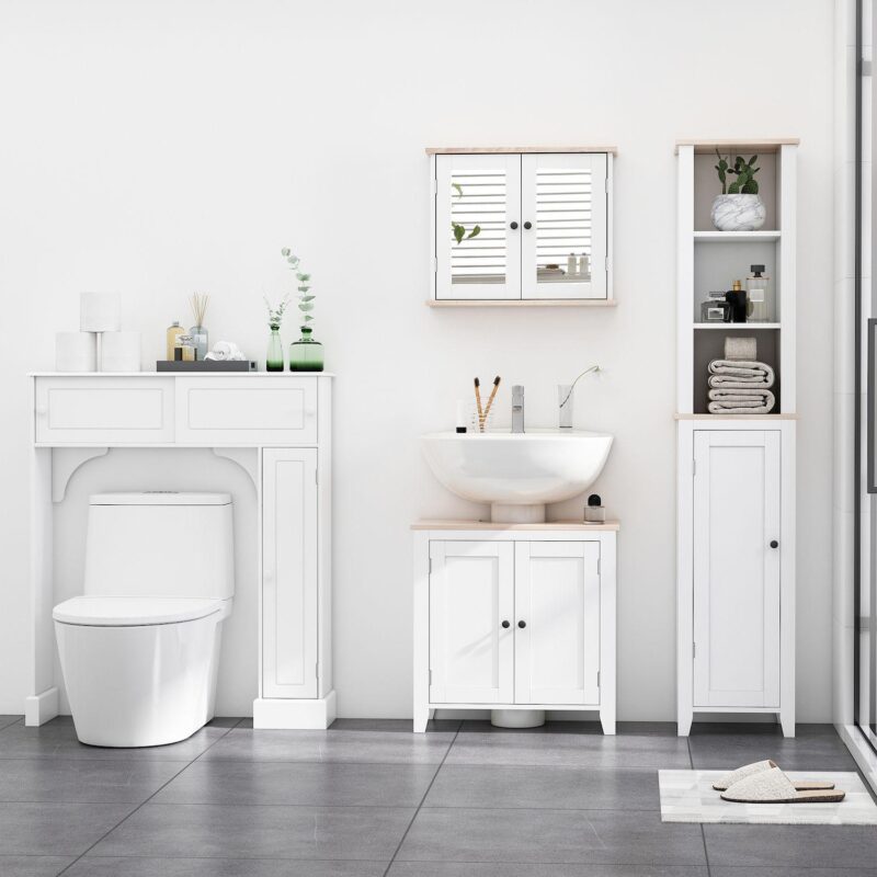Freestanding Washroom Floor Organizer With Moveable Open Shelving, White/wood - Image 3