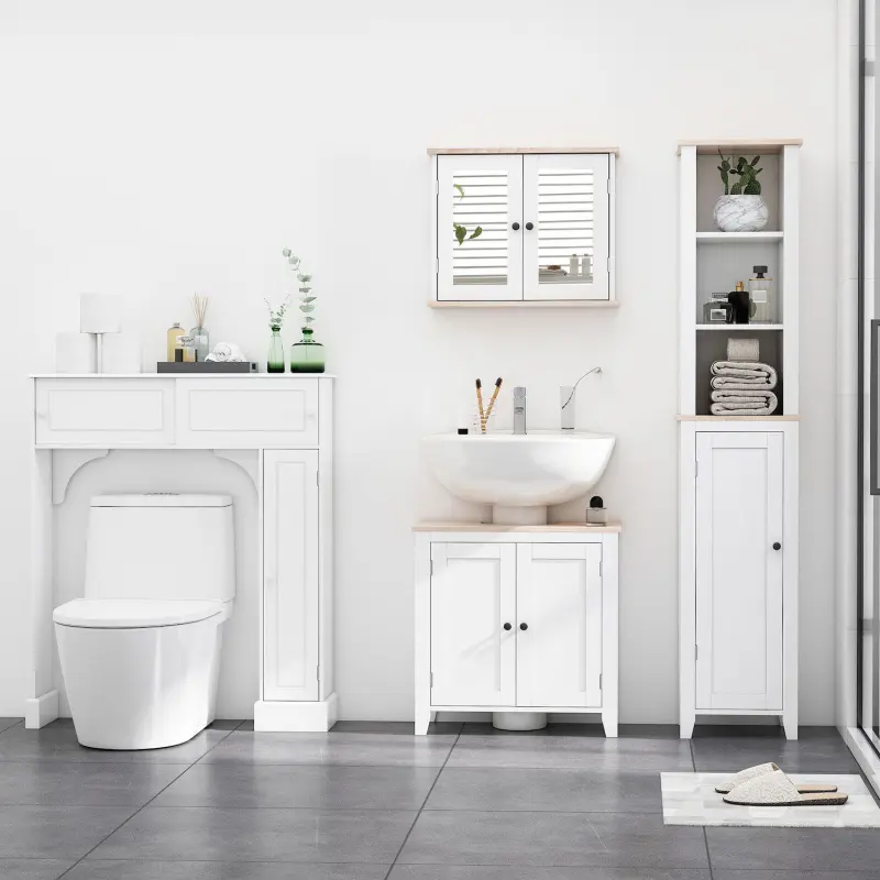 Freestanding Washroom Floor Organizer With Moveable Open Shelving, White/wood - Image 3
